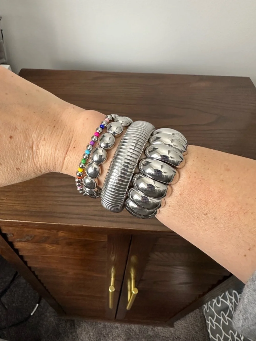 Set of Silver Tone Bangle Bracelets with Rainbow Beaded Accent - Picture 1 of 3